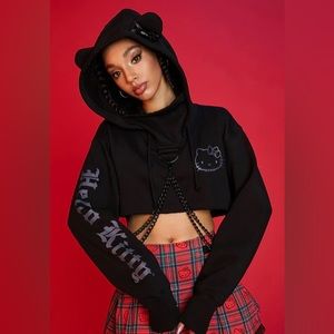 Hello Kitty x DollsKill Crop Hoodie Chain Matte Black Rare